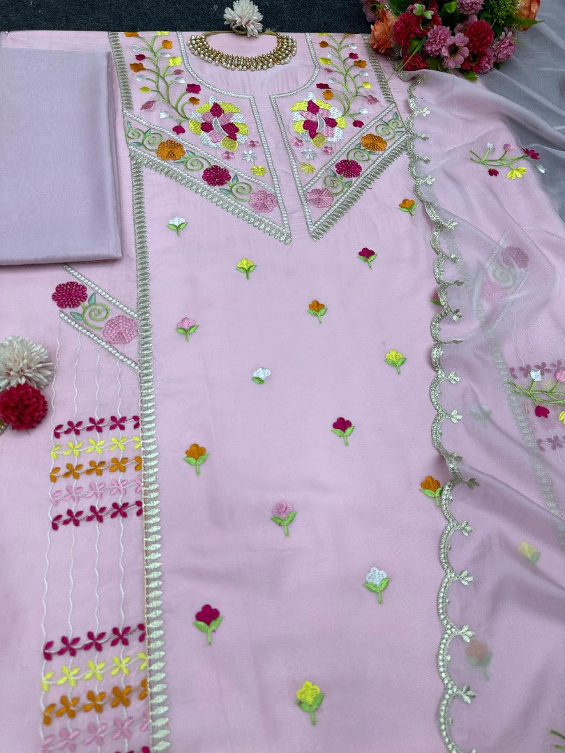 Baby pink organza thread work unstitched salwar suit