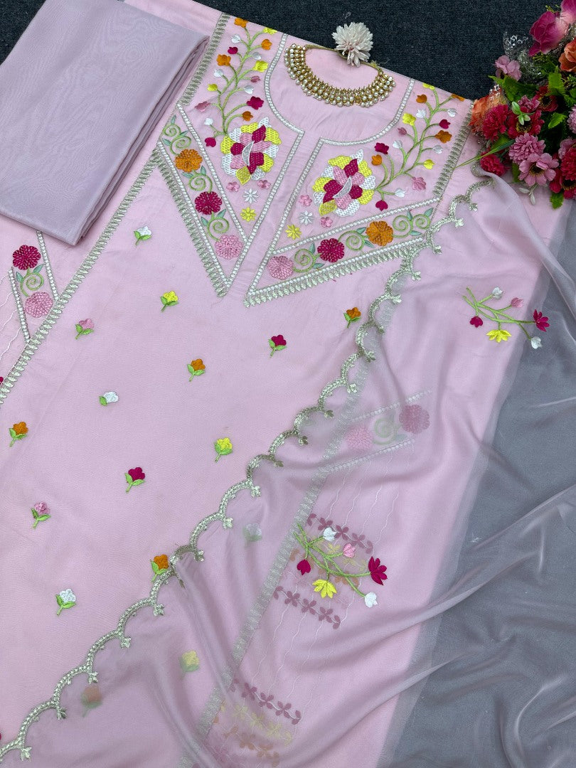 Baby pink organza thread work unstitched salwar suit