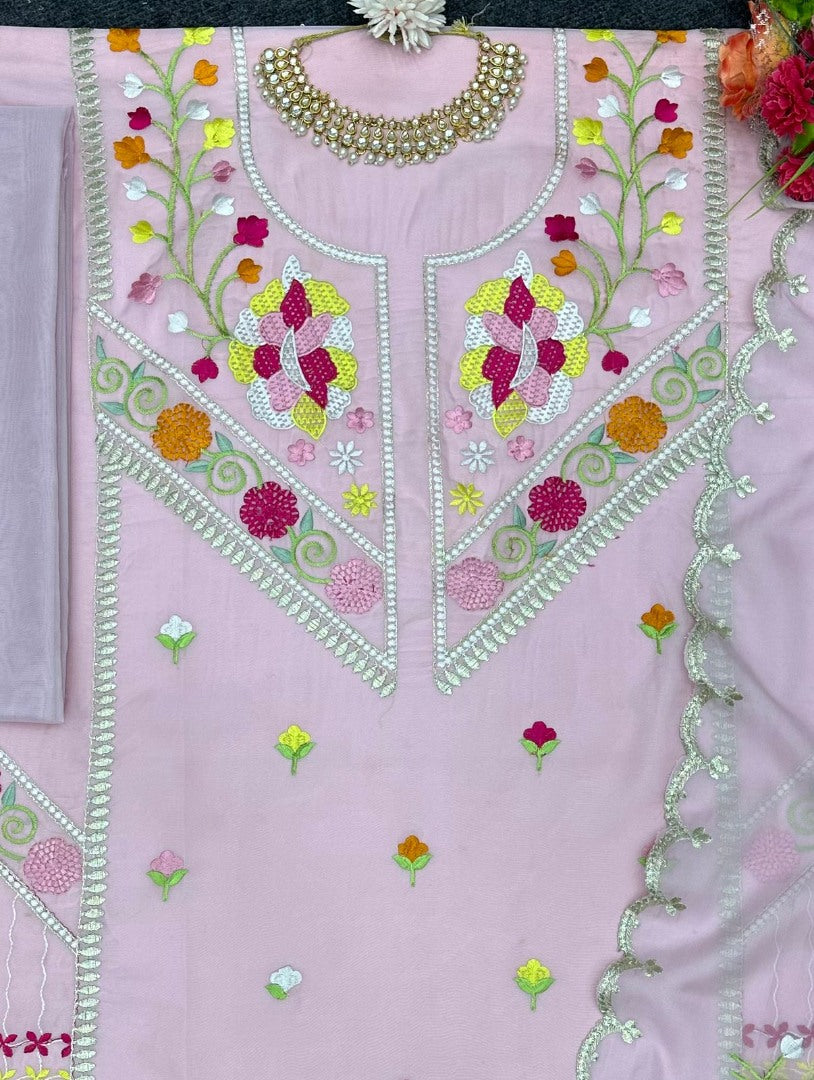 Baby pink organza thread work unstitched salwar suit