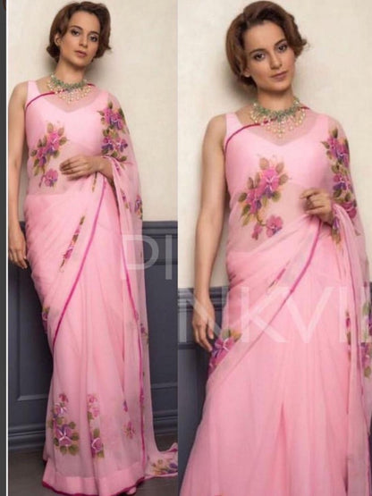 Baby pink orgenza digital printed casual wear bollywood style saree