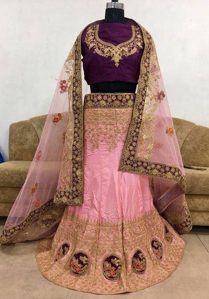 Baby pink paper silk designer heavy embroidered bridal lehenga