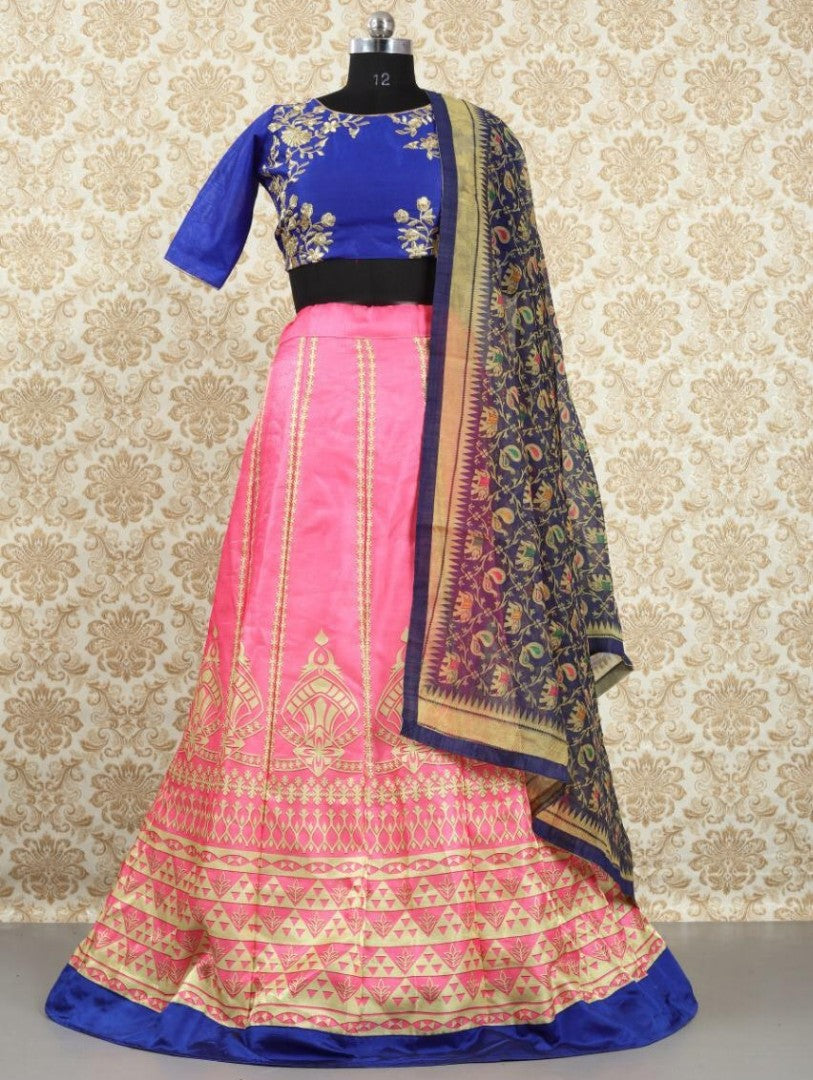 Baby pink printed banglory silk lehenga choli