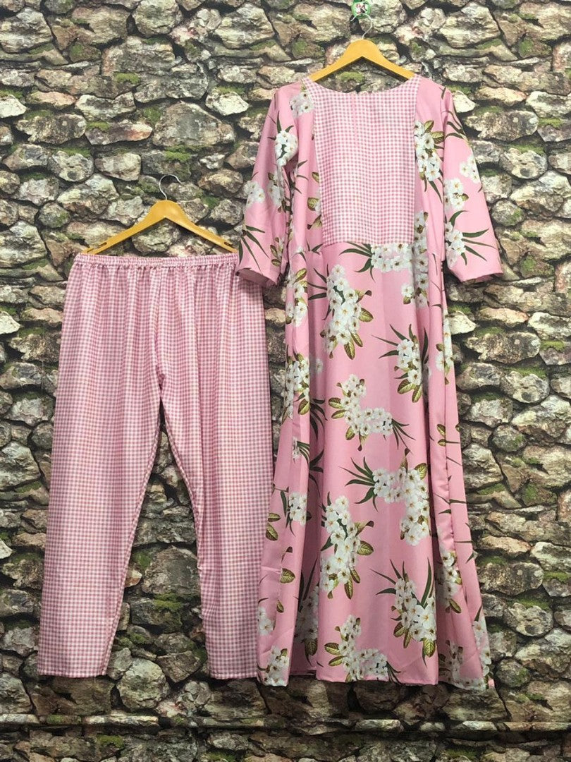 baby pink printed creap kurti with pant