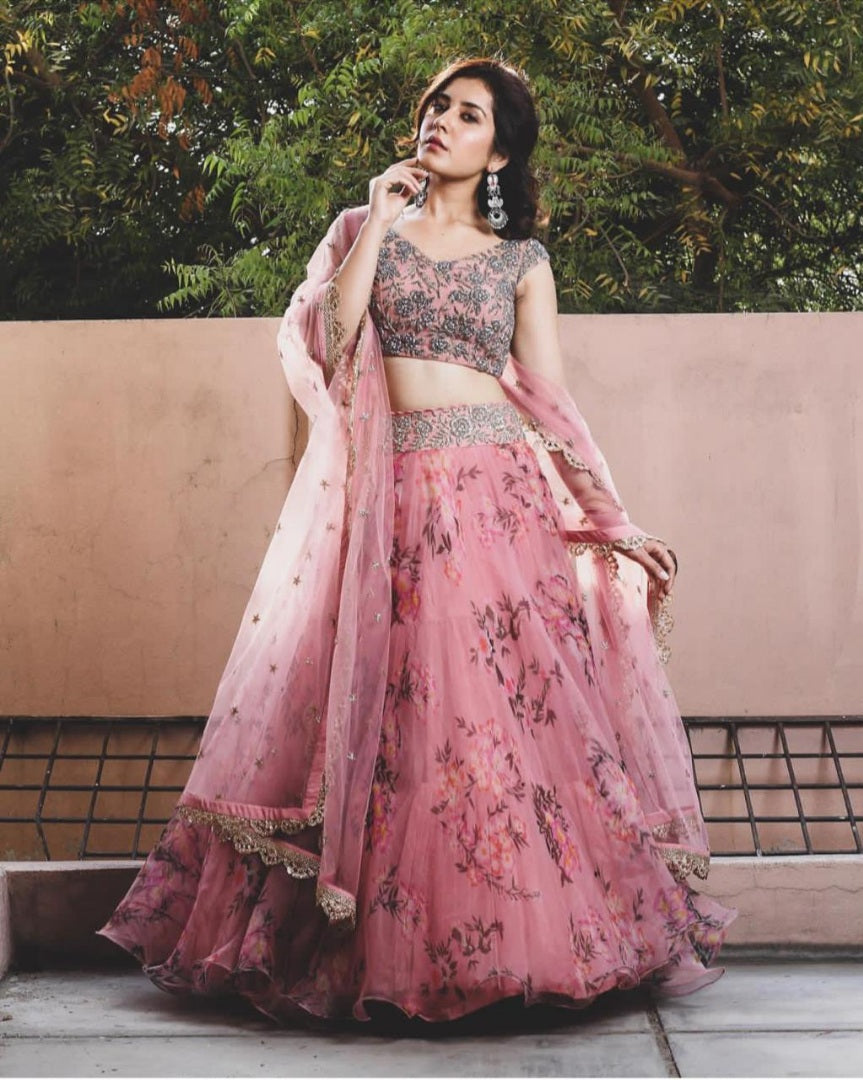 Baby pink printed net beautiful embroidered ceremonial lehenga choli