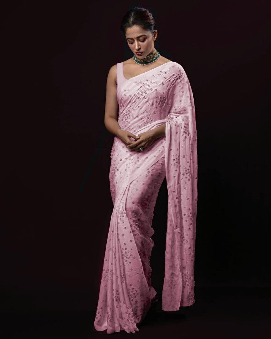 Baby pink pure georgette mukesh work designer saree