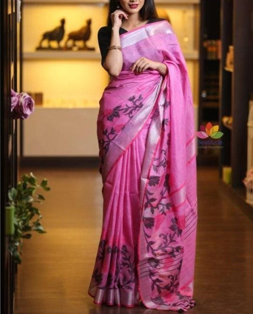 baby pink pure linen satin patta printed saree