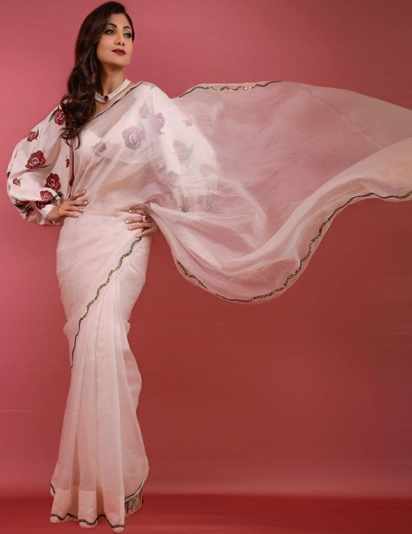 Baby pink pure organza georgette fancy border work saree