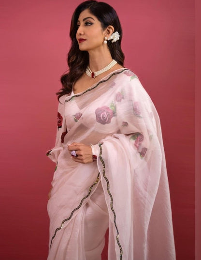 Baby pink pure organza georgette fancy border work saree