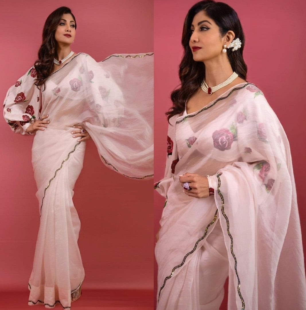 Baby pink pure organza georgette fancy border work saree