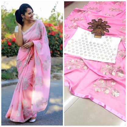 Baby pink rangoli silk thread embroidered saree