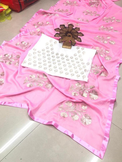 Baby pink rangoli silk thread embroidered saree