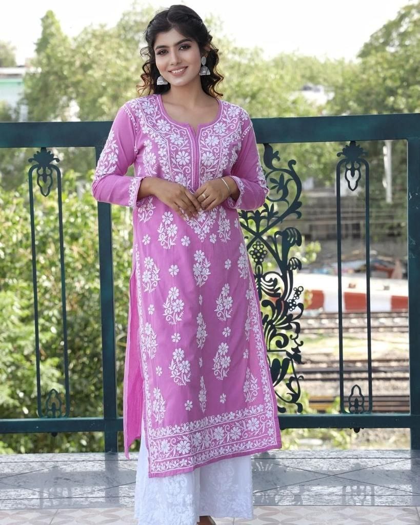 Baby pink rayon chainstitch work plazzo kurti