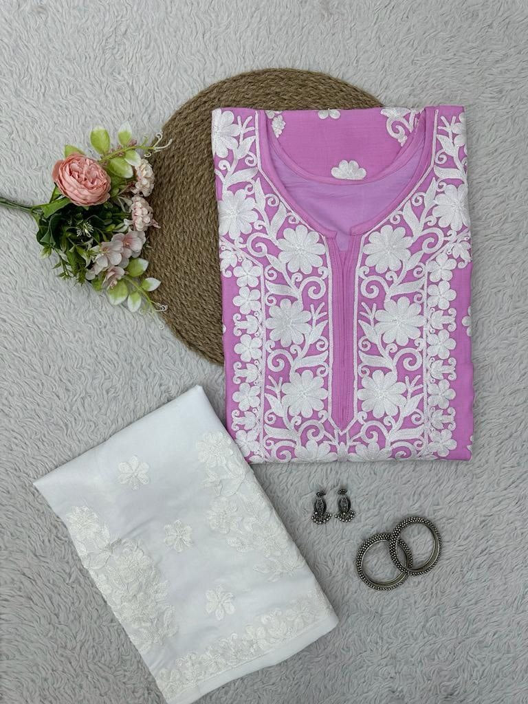 Baby pink rayon chainstitch work plazzo kurti