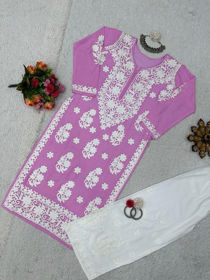 Baby pink rayon chainstitch work plazzo kurti