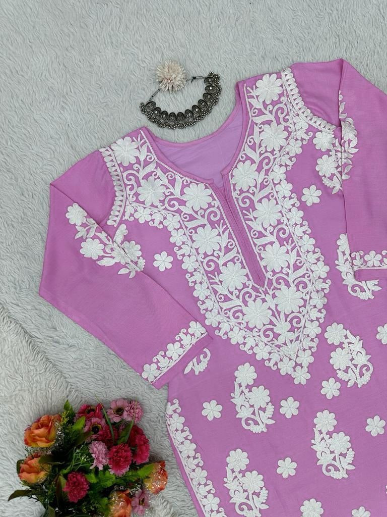 Baby pink rayon chainstitch work plazzo kurti