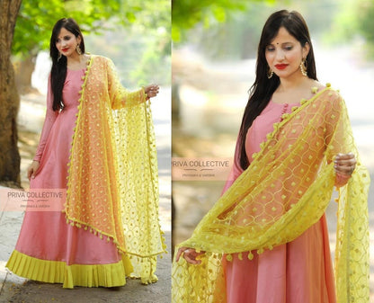 Baby pink rayon cotton festive gown with dupatta