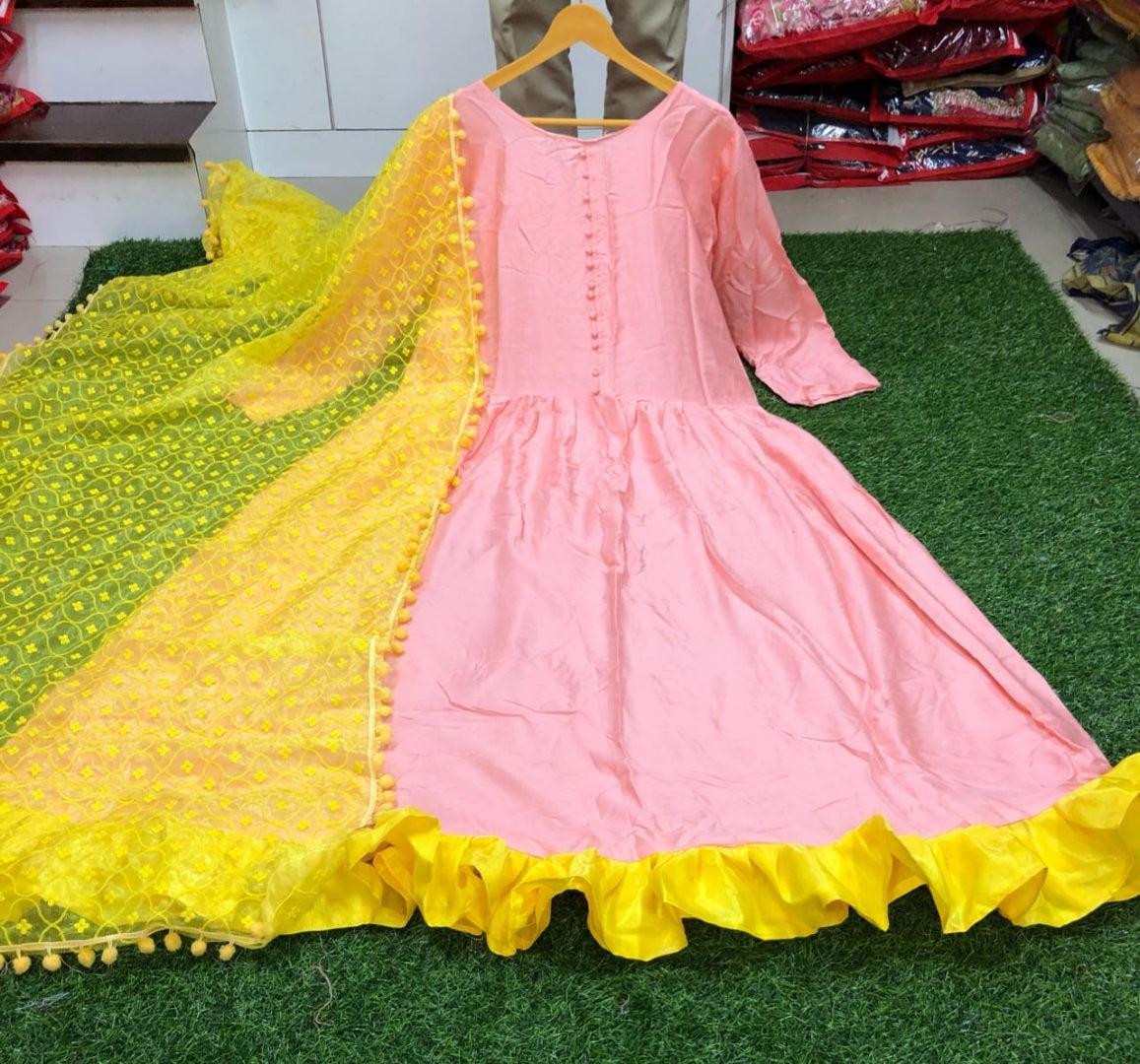 Baby pink rayon cotton festive gown with dupatta