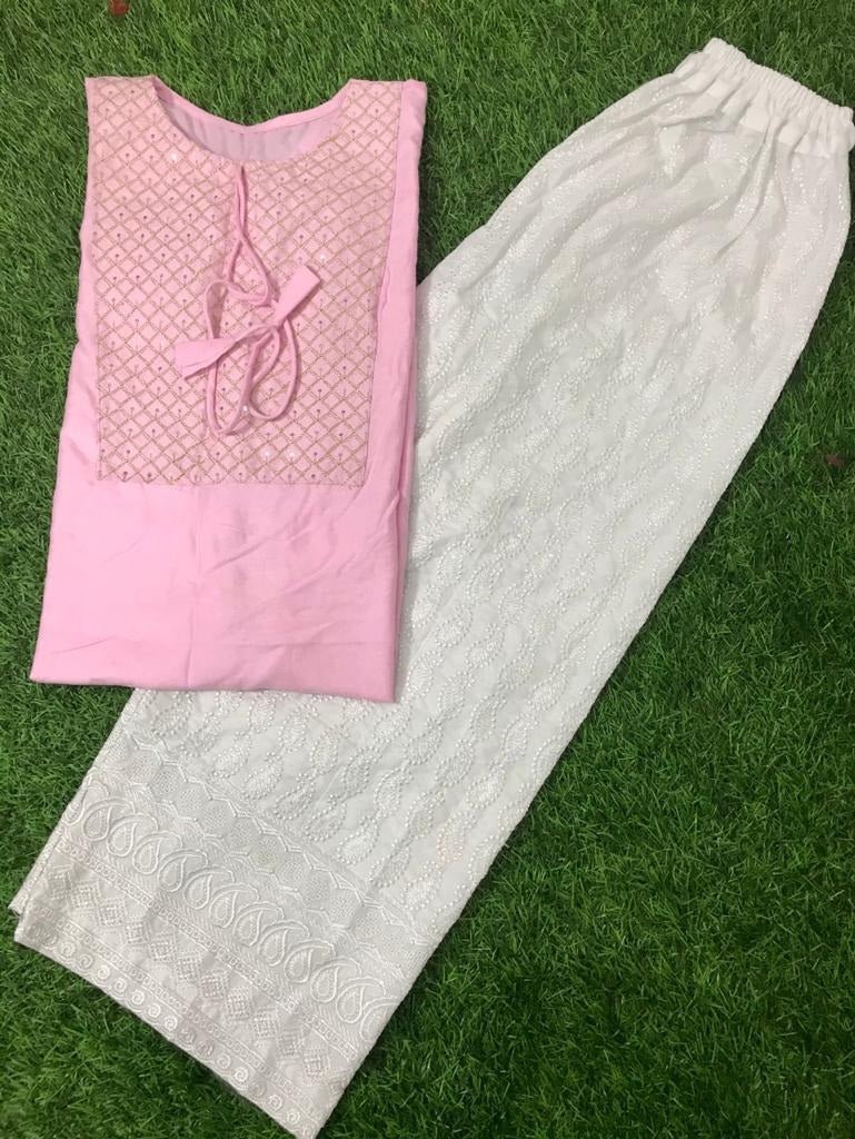 Baby pink rayon thread sequence plazzo kurti