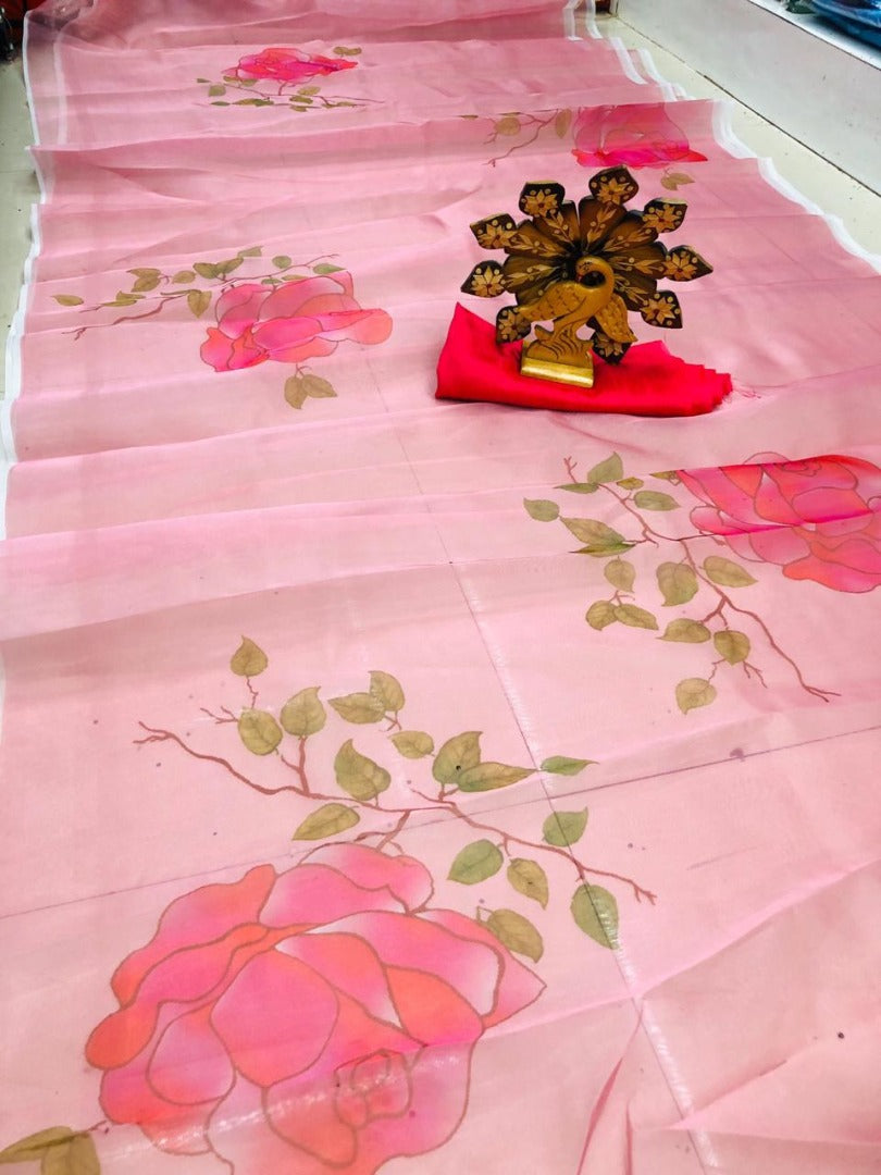Baby pink rose flower printed organza saree