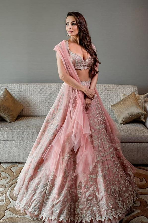 Baby pink ruby silk designer embroidered wedding lehenga