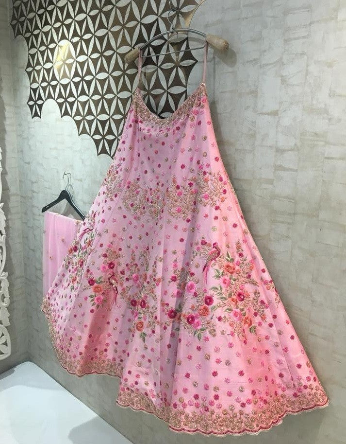 baby pink satin banglori silk heavy embroidered lehenga