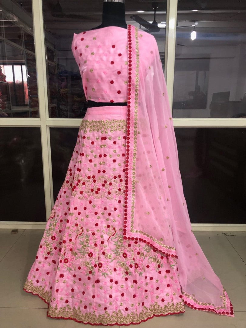 baby pink satin banglori silk heavy embroidered lehenga