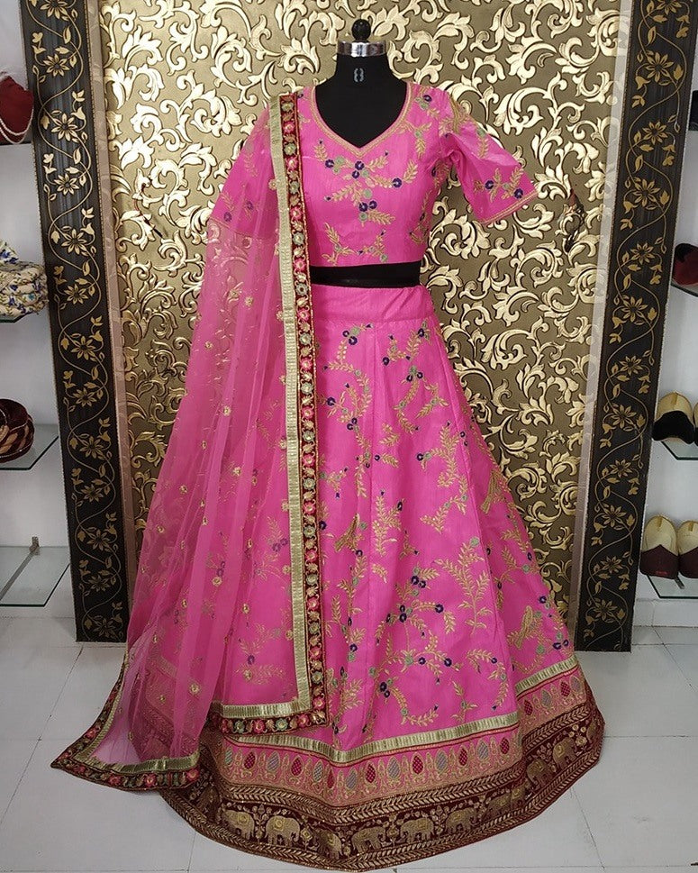 Baby pink satin banglory heavy embroidered designer bridal lehenga