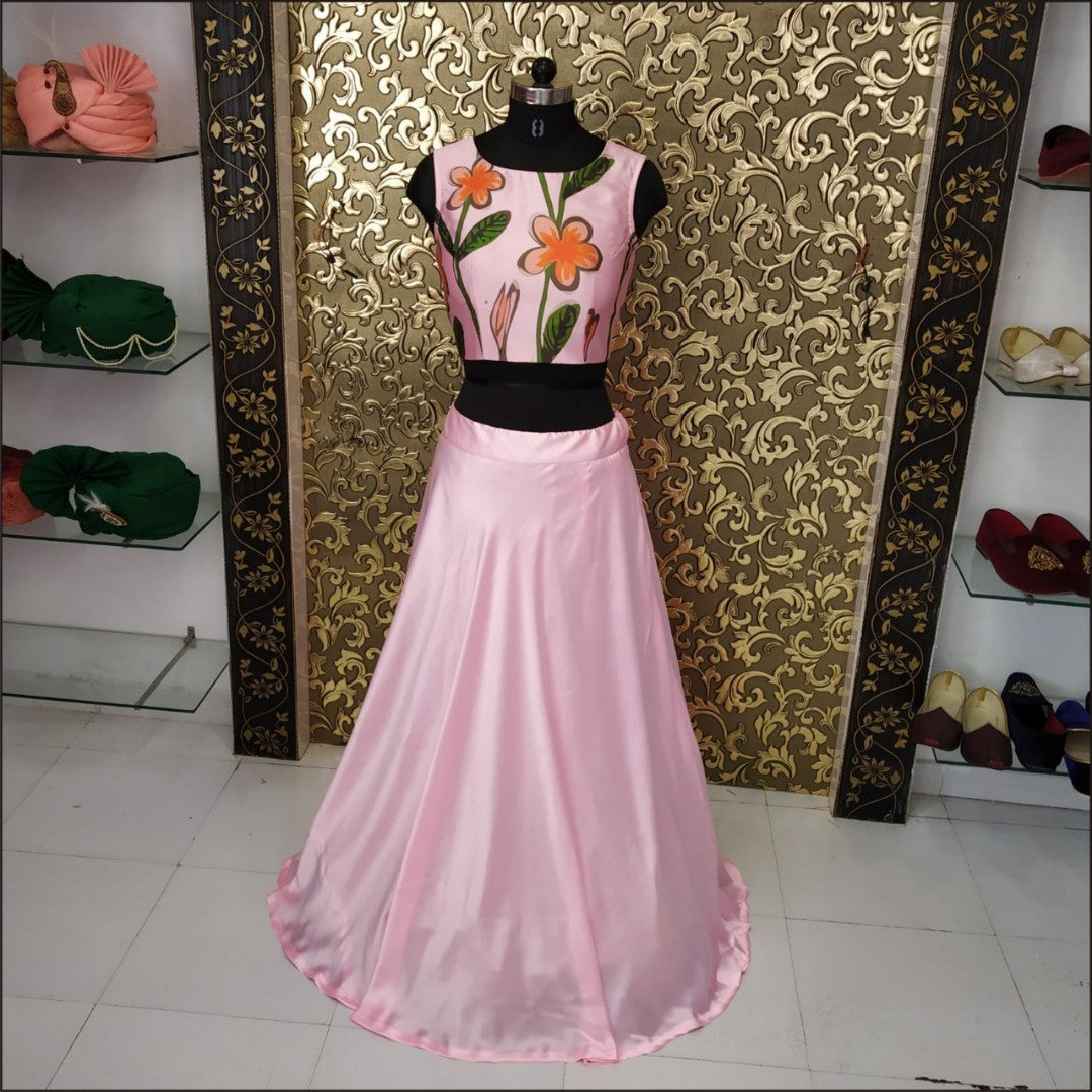 Baby pink satin digital printed crop top lehenga