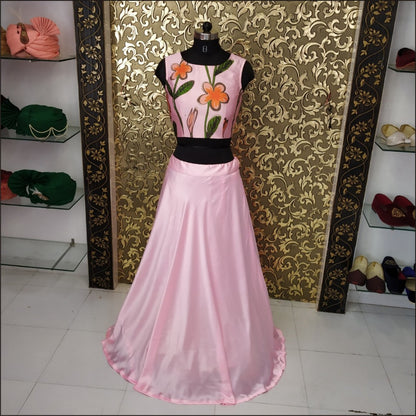 Baby pink satin digital printed crop top lehenga