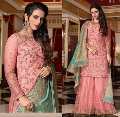 Baby pink satin georgette designer embroidered plazzo salwar suit