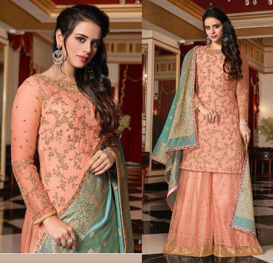 Baby pink satin georgette designer embroidered plazzo salwar suit