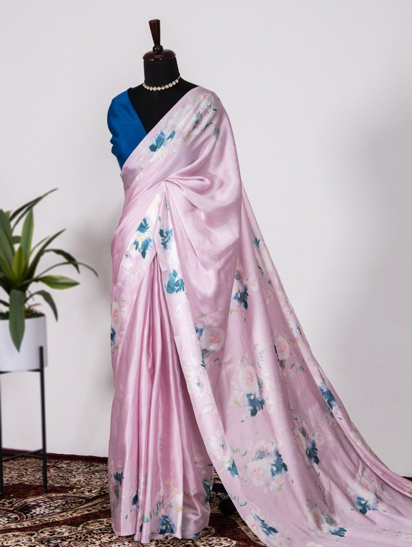 Baby pink satin silk flower printed saree