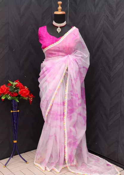 Baby pink shibori print girlish organza saree