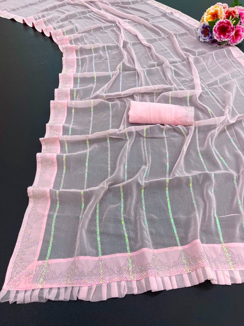 Baby pink shimmer fancy thread work sequence siroski work saree