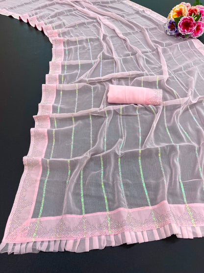 Baby pink shimmer fancy thread work sequence siroski work saree