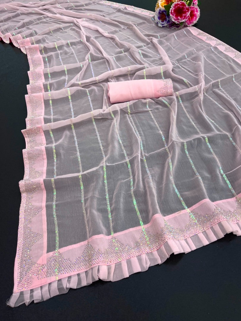 Baby pink shimmer fancy thread work sequence siroski work saree