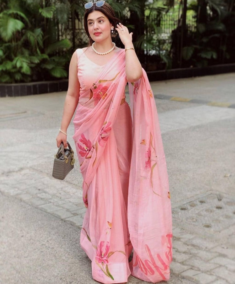 Baby pink silk with digital print with your name work saree