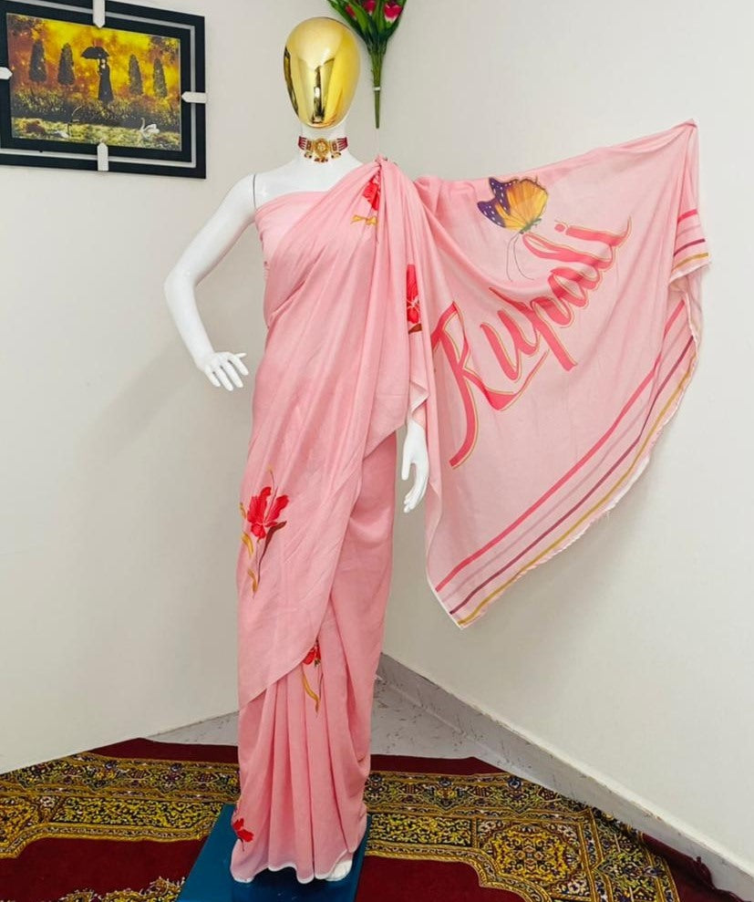 Baby pink silk with digital print with your name work saree