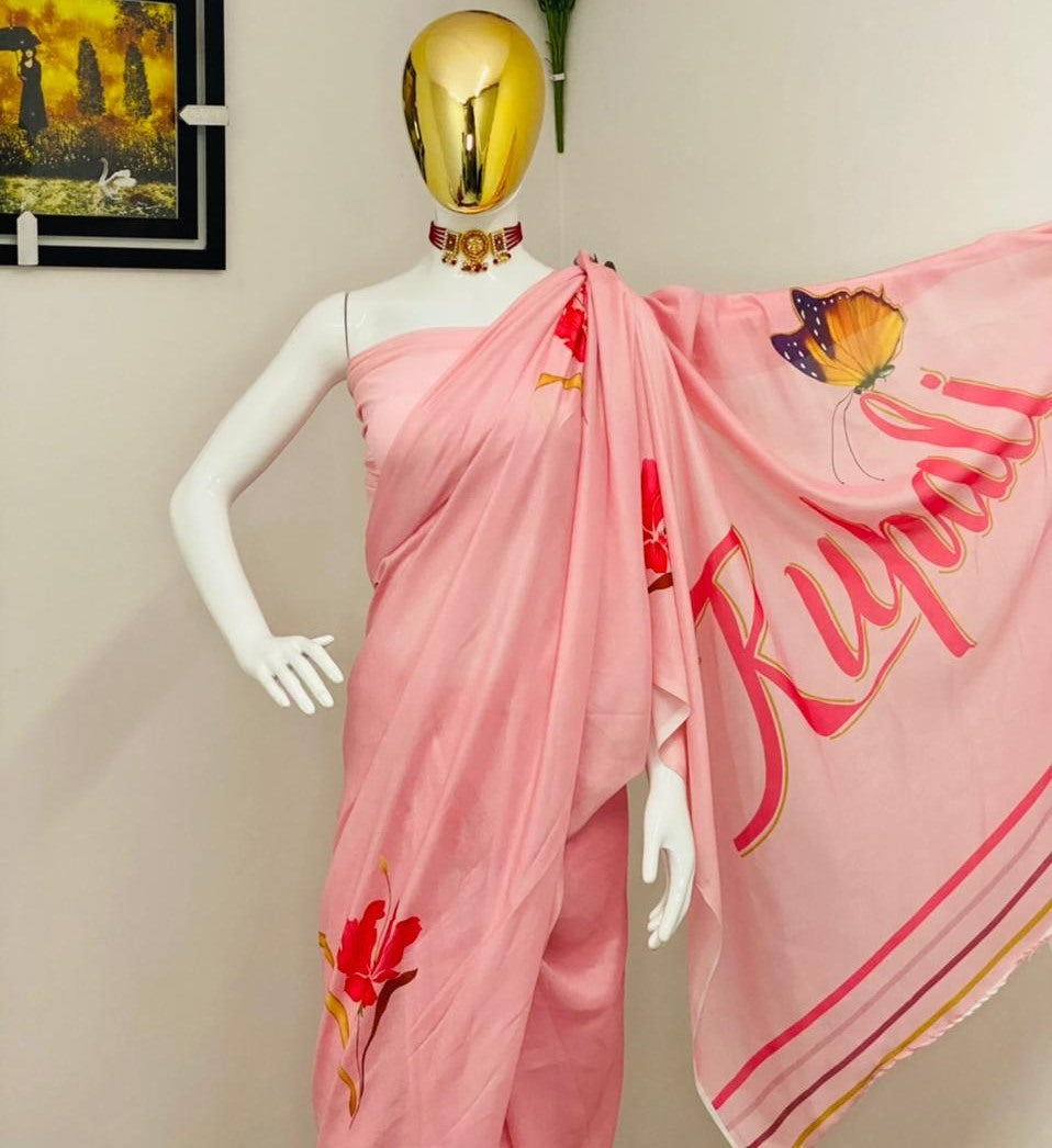 Baby pink silk with digital print with your name work saree