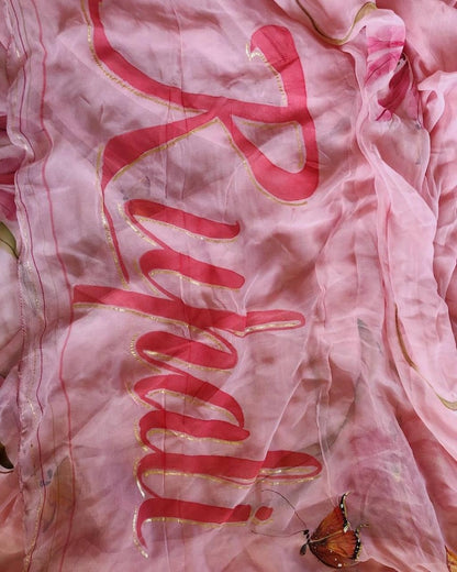 Baby pink silk with digital print with your name work saree