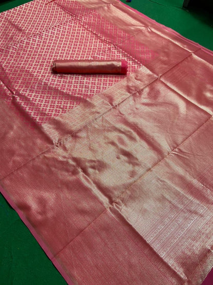 Baby pink soft lichi silk golden zari jacquard weaving work saree