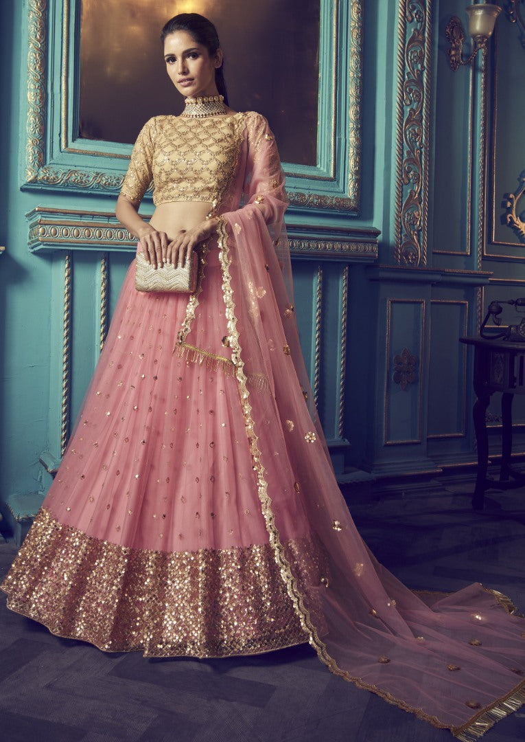 Baby pink soft net sequence work bridal lehenga choli