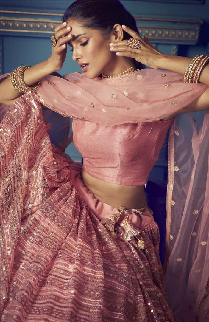 Baby pink soft net sequence work bridal lehenga choli