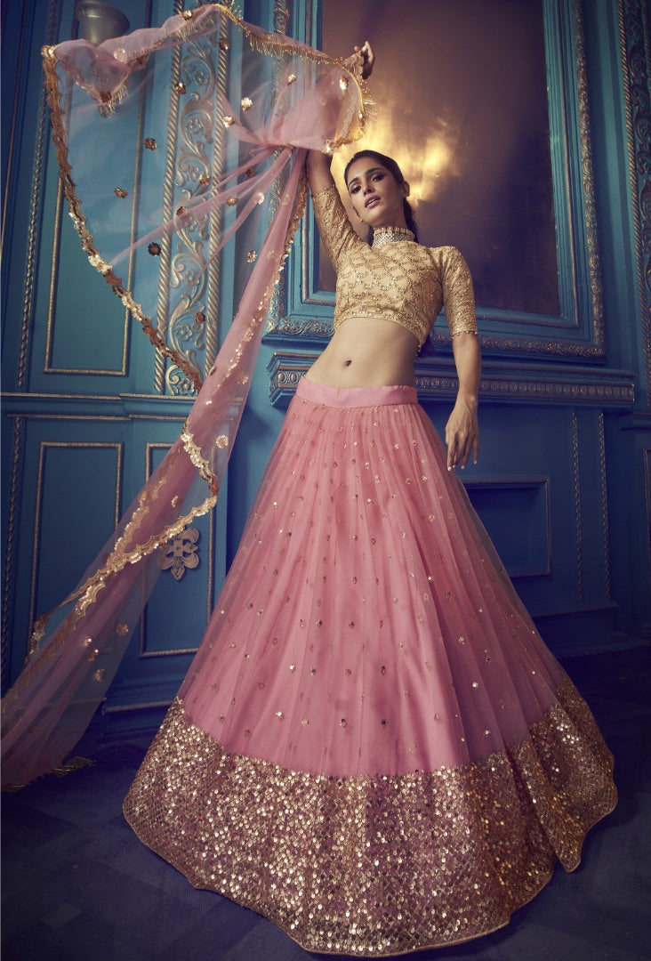 Baby pink soft net sequence work bridal lehenga choli