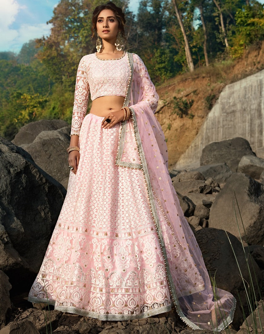 Baby pink soft net thread sequence work bridal lehenga choli