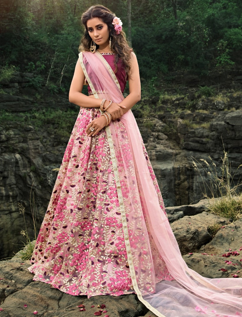 Baby pink soft net thread work ceremonial lehenga choli