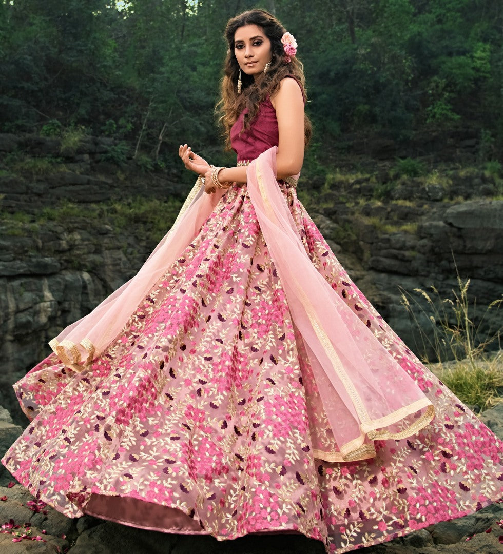 Baby pink soft net thread work ceremonial lehenga choli