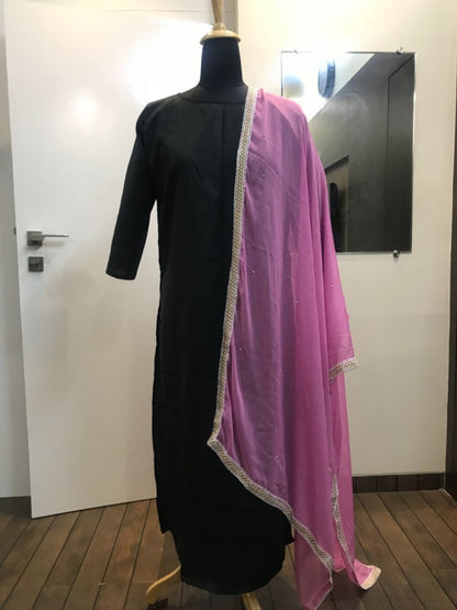 Beautiful black cotton dress with pink pearl work dupatta