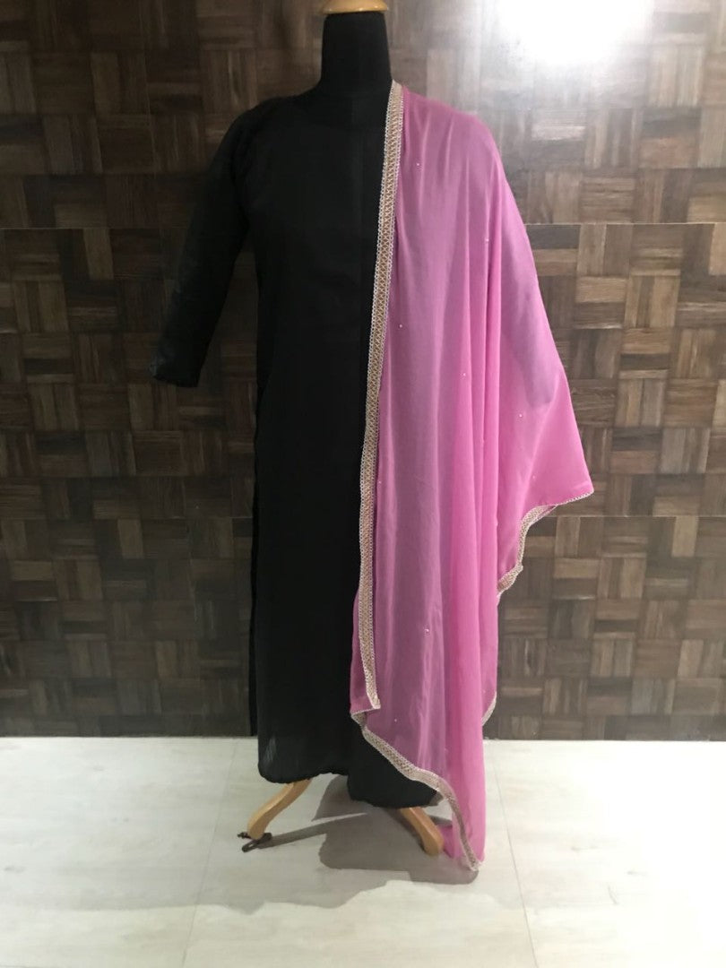 Beautiful black cotton dress with pink pearl work dupatta