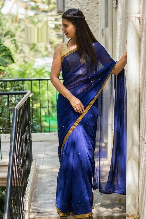 Beautiful Blue Plain Party wear Saree